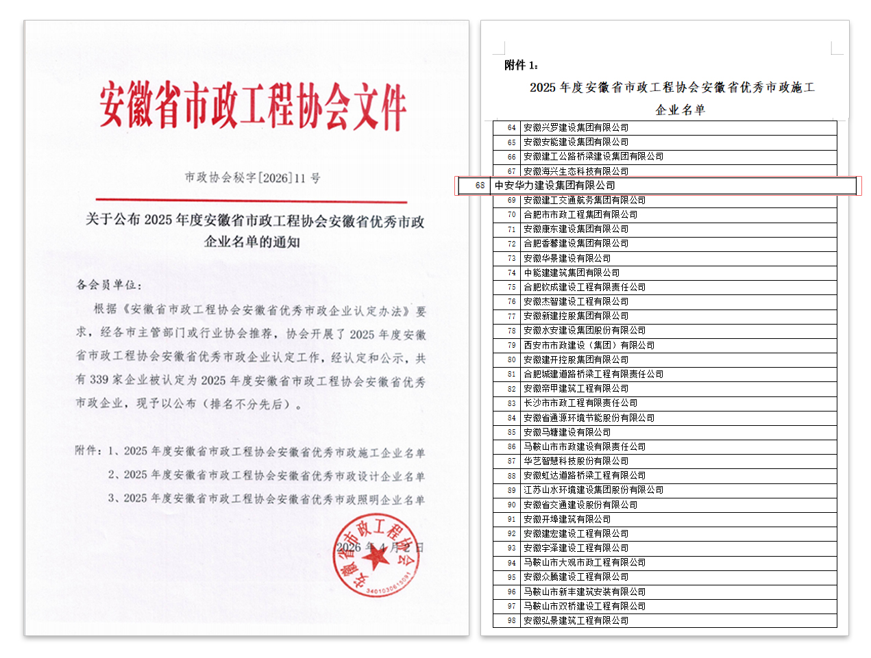 Good news! The company has been awarded the title of Excellent Municipal Construction Enterprise in Anhui Province for the year 2025